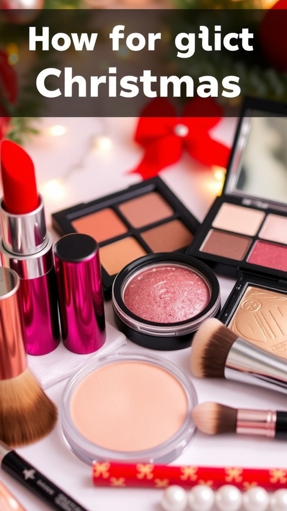 Makeup products for Christmas looks on a festive background.